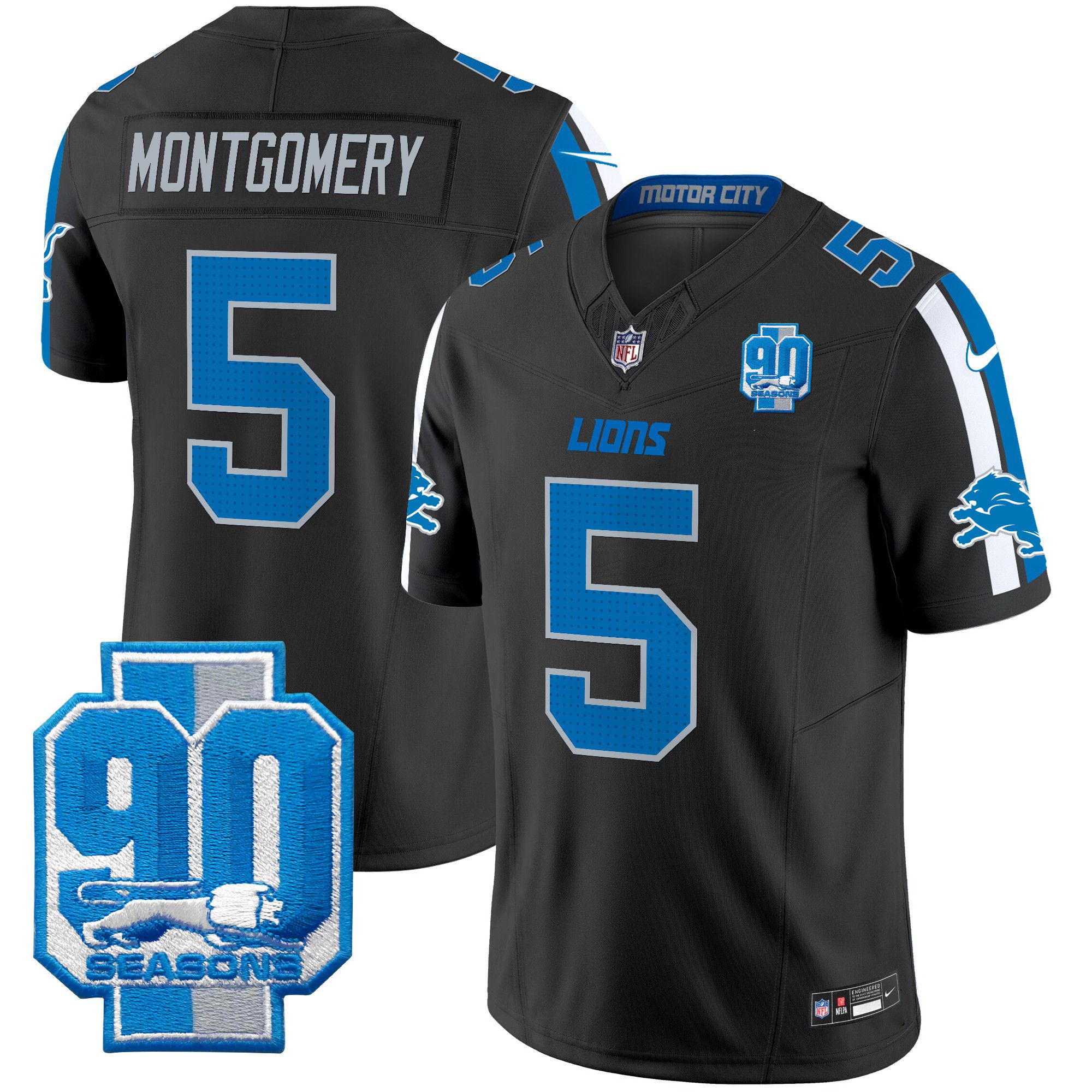 Men Detroit Lions #5 Montgomery Black 2024 Nike 90th Year Patch Vapor Limited NFL Jersey